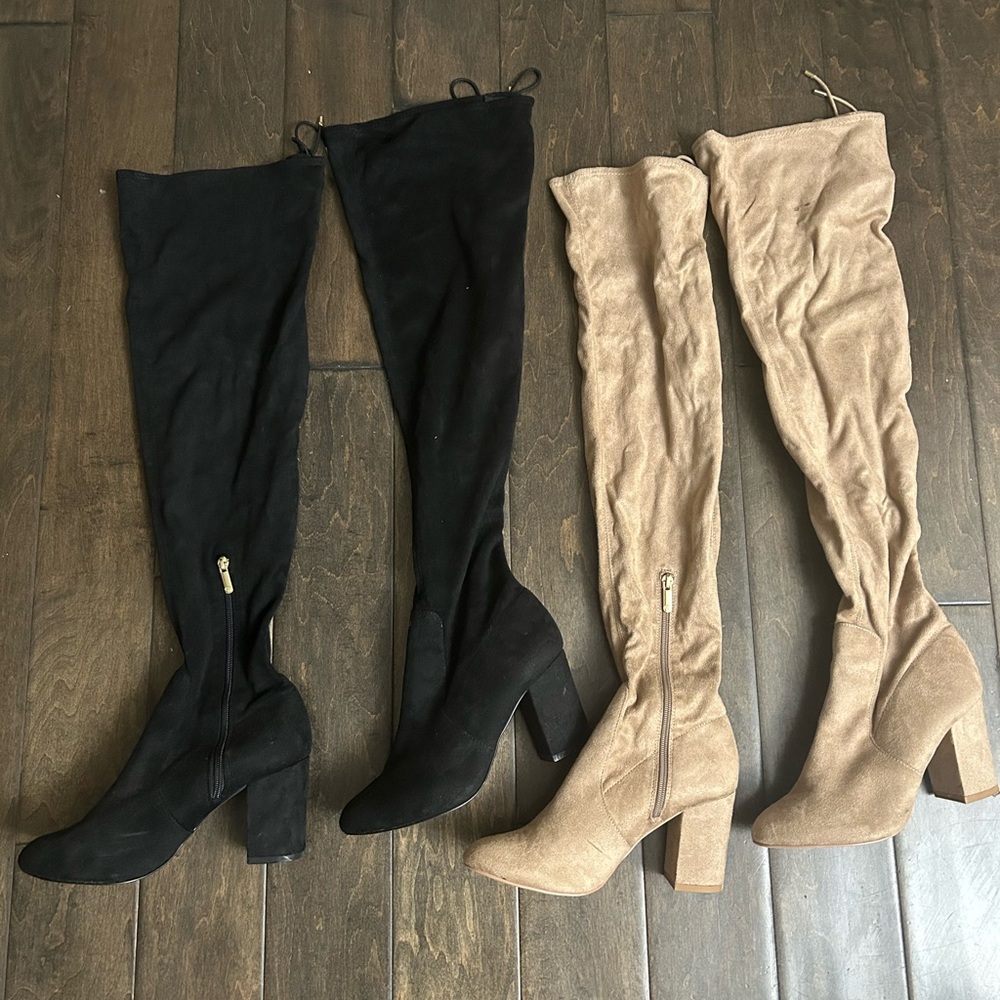Over-the-Knee Block Heel Boots - Black and Taupe